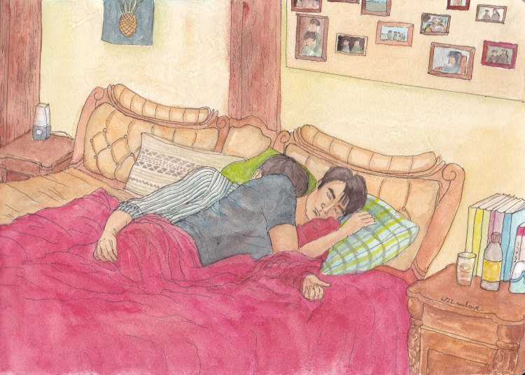 Wu Xie holding a sleeping Xiaoge in bed